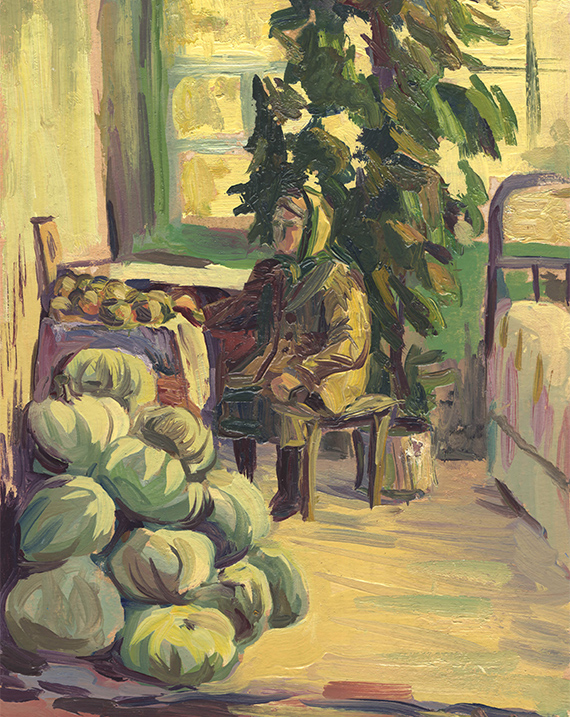 An example of objective art that shows a realistic person sitting in a room.