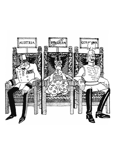 Three large arm chairs with the titles “Austria”, “Italia,” and “Germania” on top of them and their leaders sitting in the appropriate chair