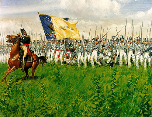 Illustration of the Battle of Chippawa with the opposing army advancing on the battlefield ready to make a direct attack