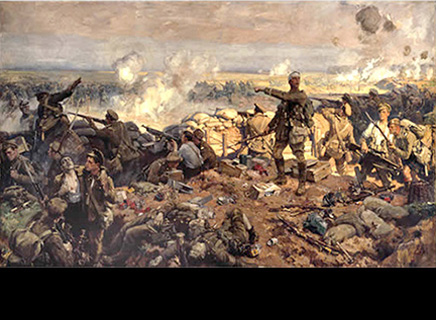 Painting of soldiers in war, some injured being carried away, some throwing grenades, some shooting, all surrounded by smoke