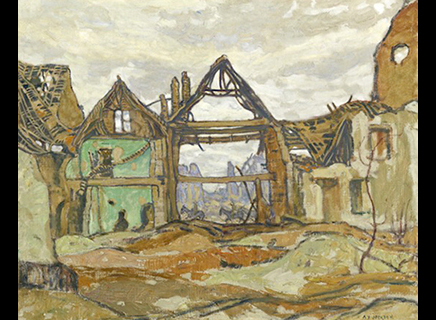 Painting depicting only the structure of a house remaining after it has been destroyed by war.