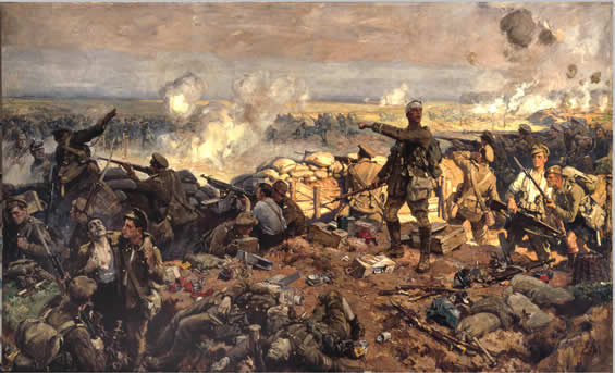 Painting of soldiers in war, some injured being carried away, some throwing grenades, some shooting, all surrounded by smoke