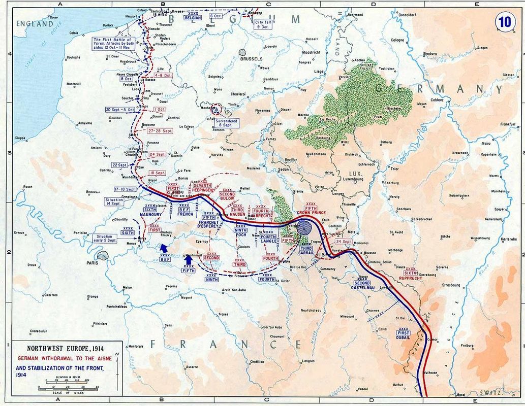 Map of Western Front from 1914-1918.