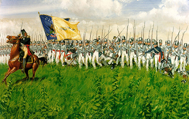 Illustration of the Battle of Chippawa with army advancing on the battlefield, for direct attack.
