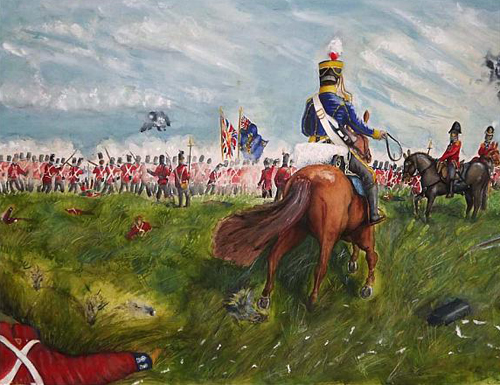 Illustration of the Battle of Chippawa with the opposing army advancing on the battlefield ready to make a direct attack.