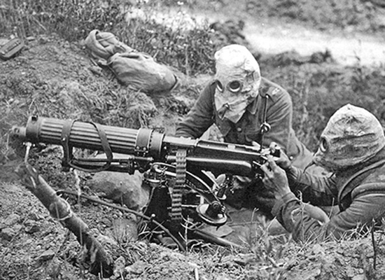 A Vickers machine gun and crew wearing gas masks during the Battle of the Somme in 1916.