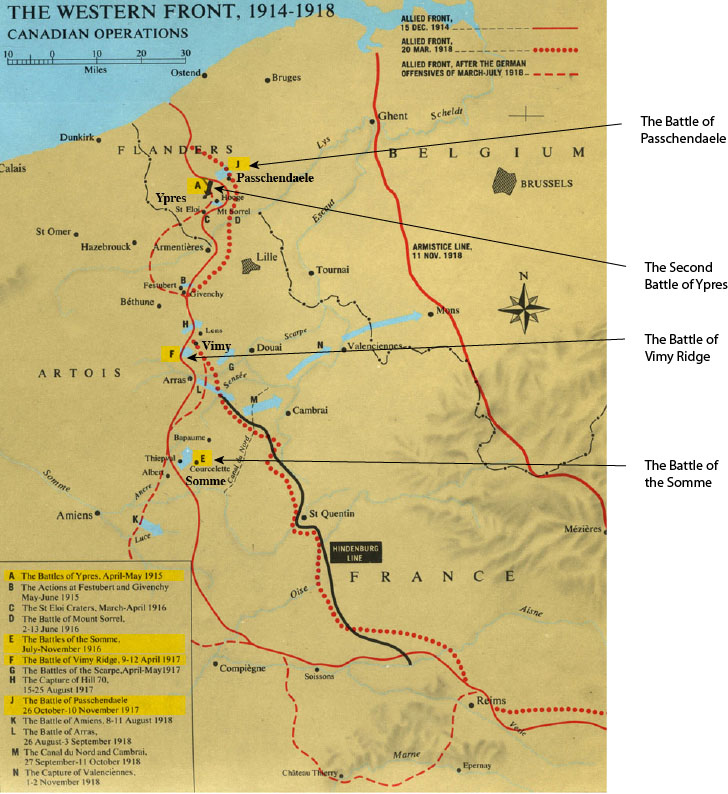 Map showing Canadian operations and key battles on the Western Front.