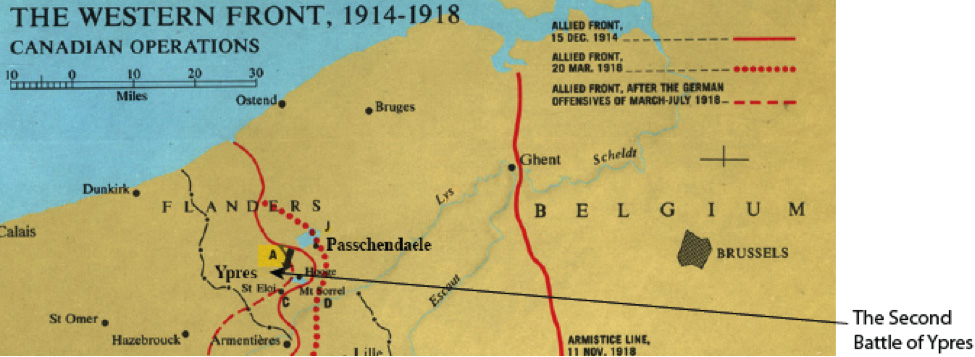 Map showing location of The Second Battle of Ypres on the Western Front.