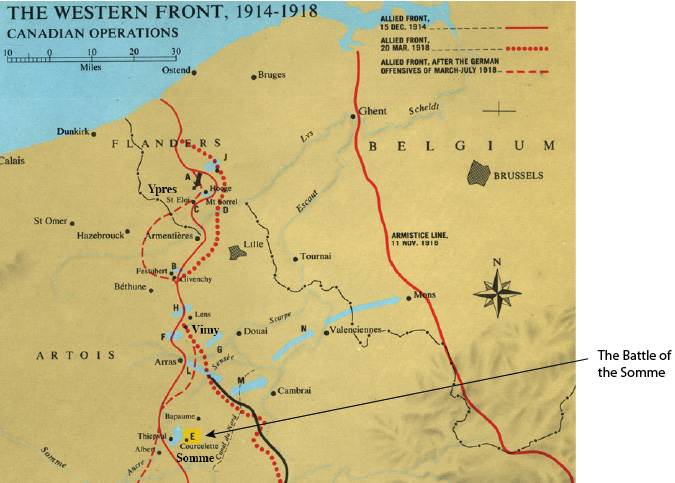 Map showing location of Battle of the Somme on the Western Front. Read this summary of why the Somme was important
