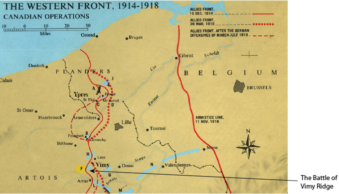 Map showing location of battle of Vimy Ridge on the Western Front.