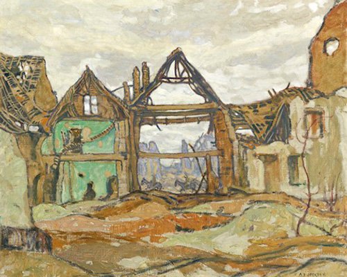 Painting depicting only the structure of a house remaining after it has been destroyed by war.
