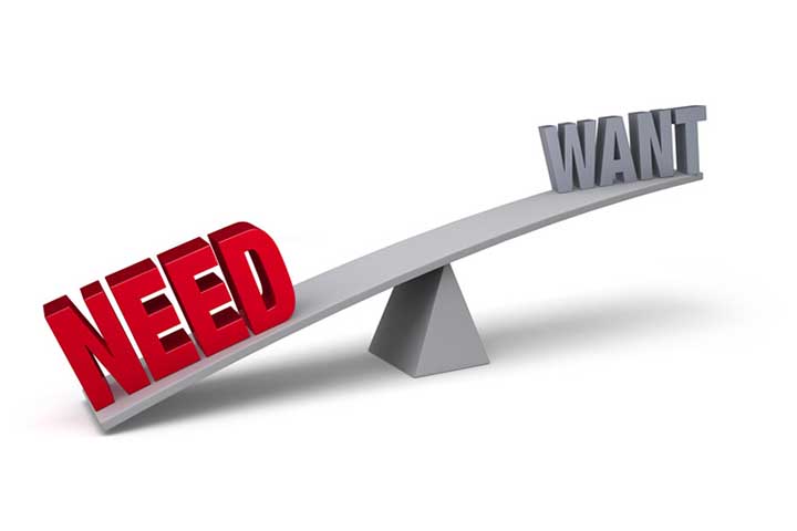 Illustration showing a need outweighing a want