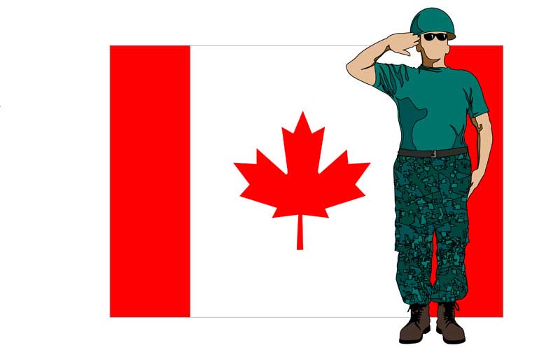 A soldier in front of the Canadian flag