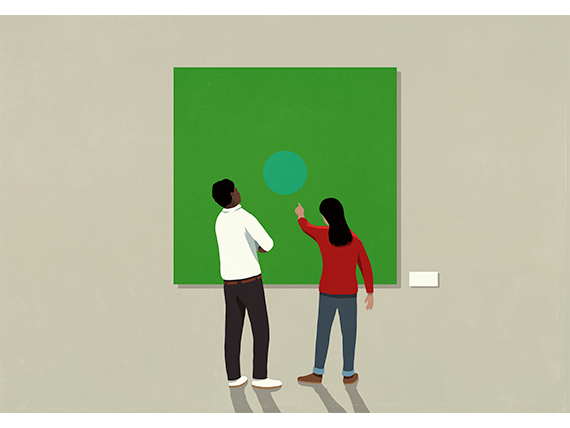 Two individuals observing a painting in a gallery.