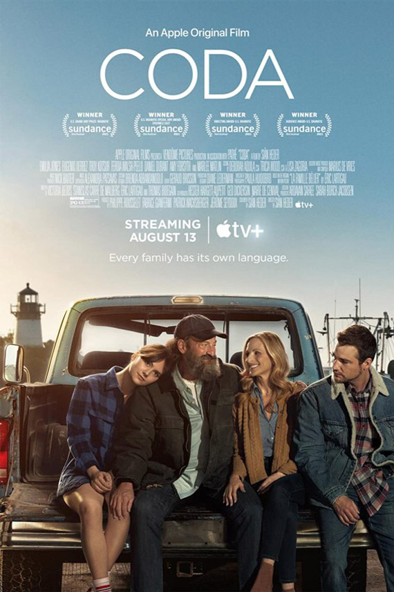 Movie poster for a 2021 film called Coda indicating its many awards won and its theme of a family thriving together in a small fishing village