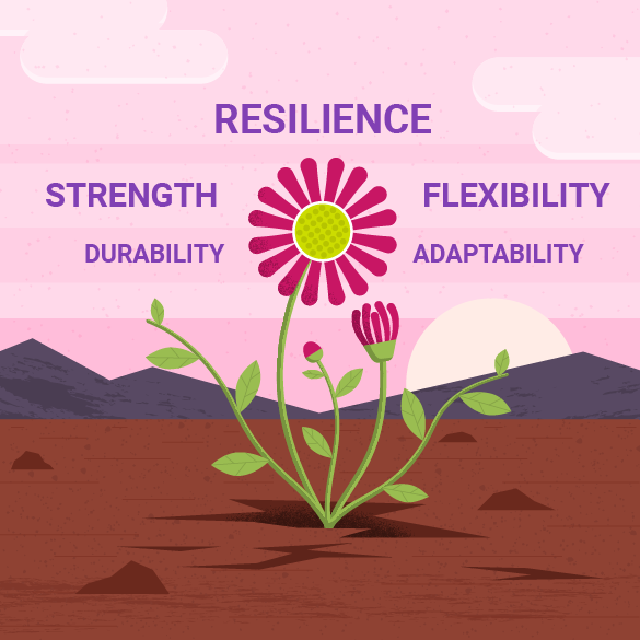 Flower growing through ground. Flower petal area surrounded by the following words: durability, strength, resilience, flexibility, adaptability. Resilience is the largest word of the five.