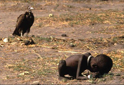 Malnourished baby being stalked by a vulture