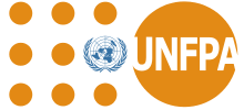 United Nations Population Fund logo of 9 small circles on the left, one of which looks similar to a globe with tree branches around it and a large circle on the right with “UNFPA” written inside it.
