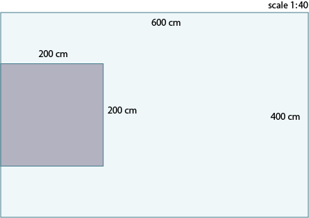Floor plan with scale of 1:40. Dimensions: 600cm by 400cm. Within the floor plan there is a shaded square with dimensions 200cm by 200cm along the left side