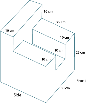 3-D drawing at a scale of 1 : 5. Provides partial top, side, front view. Front view is U shape 25cm by 30cm, 10cm measurements for top U. Side view is an L shape with 10cm, 10cm, 25cm by 25cm
