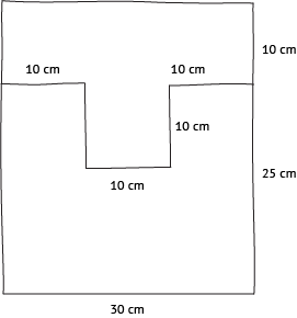 Front view of a diagram with measurements 30 cm by 35 cm.  35 cm measurement is in two segments 10 cm and 25 cm. Within the rectangle there is a T shape with measurements 10 cm by 10 cm by 10 cm by 10 cm.