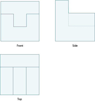 2 dimenstional front, side, and top views, no measurements