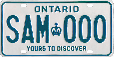 Image of 4 different types of Ontario license plates used between 1982 and the present.