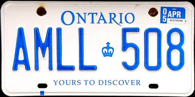 Image of 4 different types of Ontario license plates used between 1982 and the present.