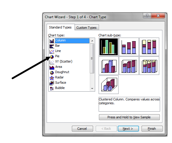Snapshot of the Chart Wizard - Step 1 from the Excel program. There is an arrow pointing at the Pie graph selection.