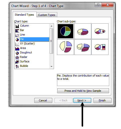 Snapshot of the Chart Wizard - Step 1 from the Excel program. There is an arrow pointing at the Pie graph selection. There is an arrow pointing at the Next choice.