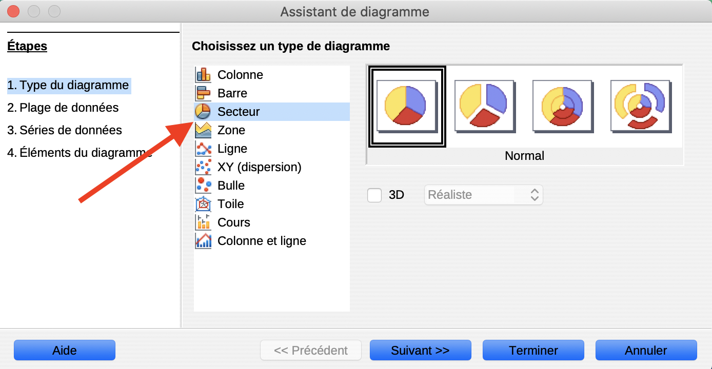 Capture d’écran de l’assistant pour graphiques – étape 1 du programme Excel. Il y a une flèche pointant la sélection du graphique à secteurs.
