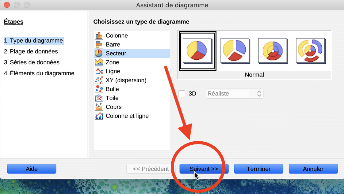 Capture d’écran de l’assistant pour graphiques – étape 1 du programme Excel. Il y a une flèche pointant la sélection du graphique à secteurs. Il y a une flèche pointant vers le choix Suivant.