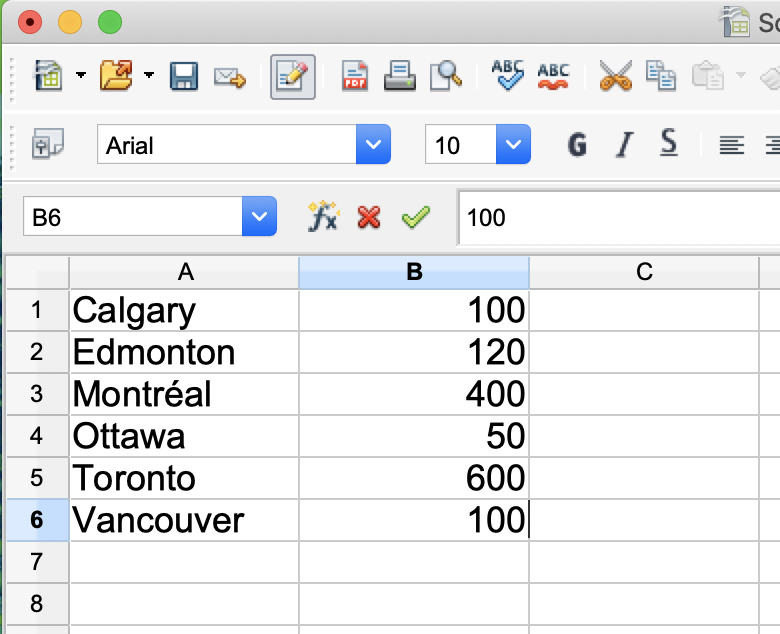Capture d’écran d’une feuille Excel. La colonne A contient les étiquettes : Calgary, Edmonton, Montréal, Ottawa, Toronto et Vancouver. La colonne B contient les valeurs : 100, 120, 400, 50, 600 et 100.