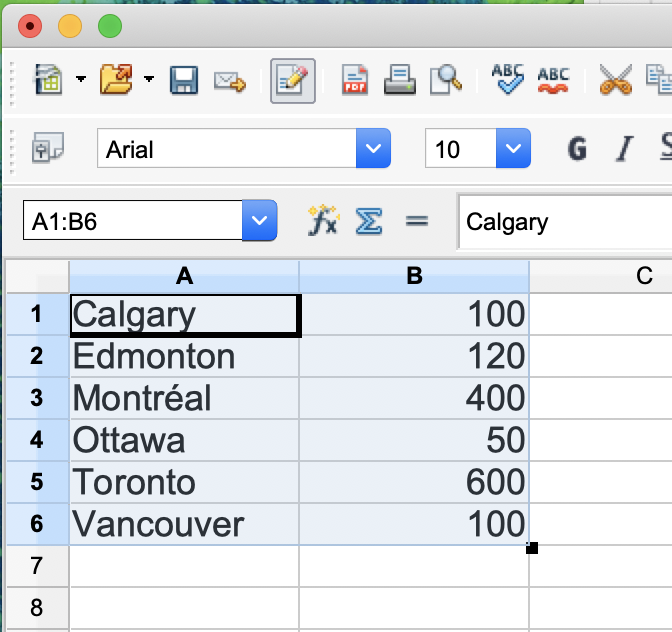 Capture d’écran d’une feuille Excel. La colonne A contient les étiquettes : Calgary, Edmonton, Montréal, Ottawa, Toronto et Vancouver. La colonne B contient les valeurs : 100, 120, 400, 50, 600 et 100. Les colonnes A et B devraient être surlignées des rangs 1 à 6