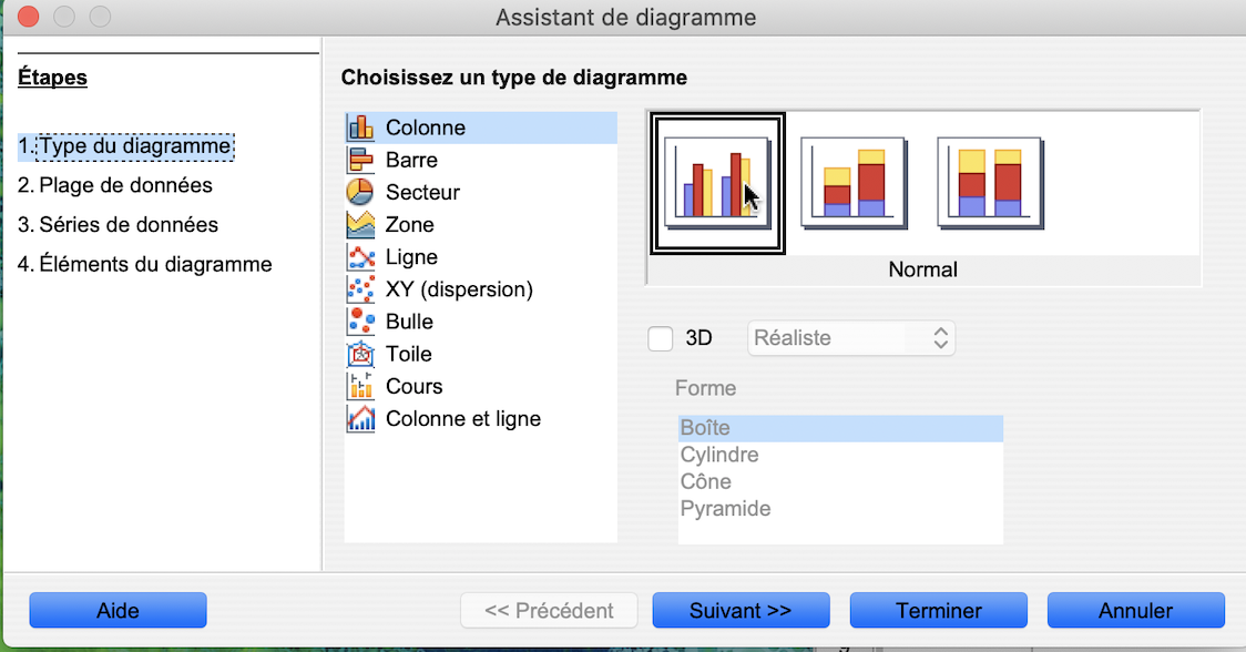 Capture d’écran de l’assistant pour graphiques – étape 1 du programme Excel. Le choix Histogramme a été surligné. Le choix en haut à gauche pour le sous-type de graphique est surligné.