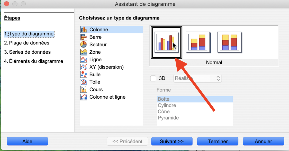 Capture d’écran de l’assistant pour graphiques – étape 1 du programme Excel. Le choix Histogramme a été surligné. Il y a une flèche pointant le choix supérieur gauche dans la sélection des sous-types de graphiques. Le choix en haut à gauche pour le sous-type de graphique est surligné.