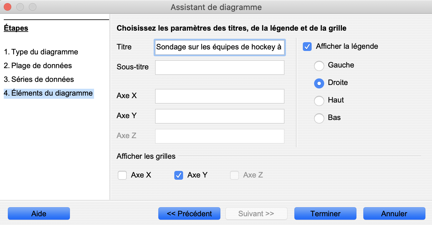Capture d’écran de l’assistant pour graphiques – étape 3 du programme Excel. Il y a six onglets qui indiquent Titres, Axes, Quadrillés, Légende, Étiquettes de données et Tableau de données. L’onglet est actuellement sur Titres. Sondage sur les équipes de hockey à Toronto a été entré comme titre du graphique.