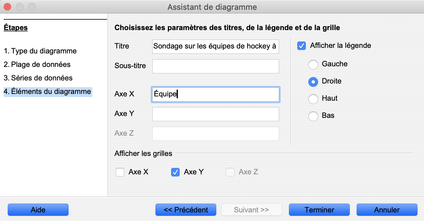 Capture d’écran de l’assistant pour graphiques – étape 3 du programme Excel. Il y a six onglets qui indiquent Titres, Axes, Quadrillés, Légende, Étiquettes de données et Tableau de données. L’onglet est actuellement sur Titres. Sondage sur les équipes de hockey à Toronto a été entré comme titre du graphique. Équipe a été entré pour la Catégorie de l’axe (X).