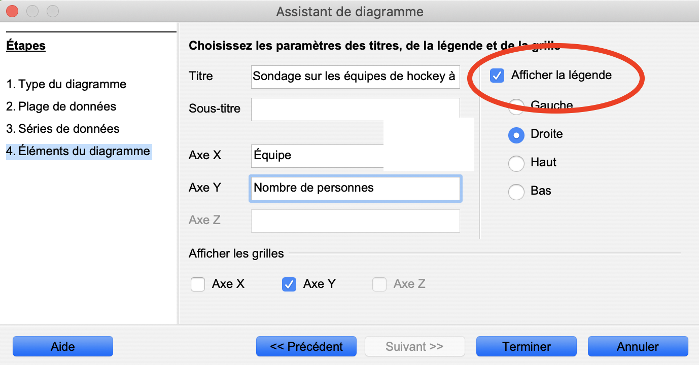 Capture d’écran de l’assistant pour graphiques – étape 3 du programme Excel. Il y a six onglets qui indiquent Titres, Axes, Quadrillés, Légende, Étiquettes de données et Tableau de données. L’onglet est actuellement sur Légende. La case Montrer la légende est vide.