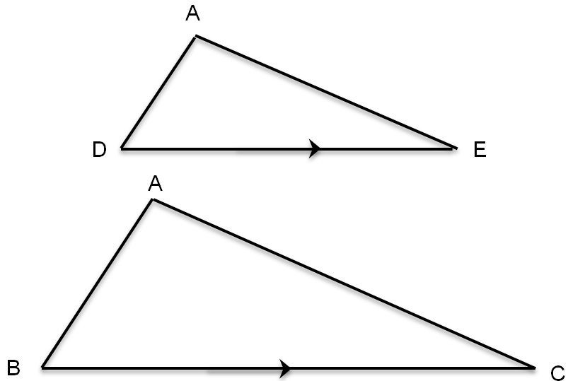 Triangle on the top is smaller and is labelled ADE. The larger triangle on the bottom is labelled ABC.