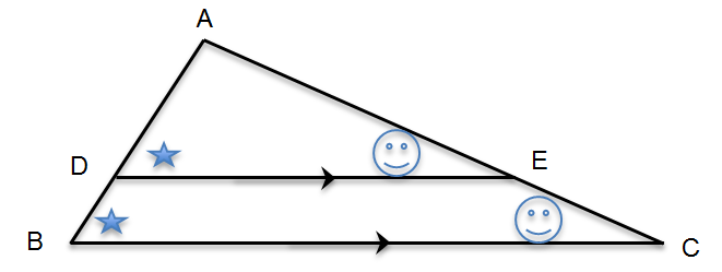 ΔABC has a star in angle B, a smiley face for angle C. ΔADE with a star in angle D, a smiley face for angle E