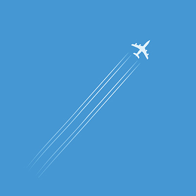 Flying white plane in blue sky with straight contrails.
