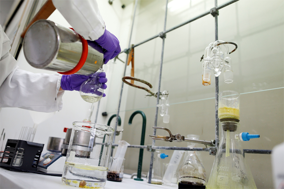 A researcher works in a laboratory pouring a solution from a metallic container into a round-bottomed flask.