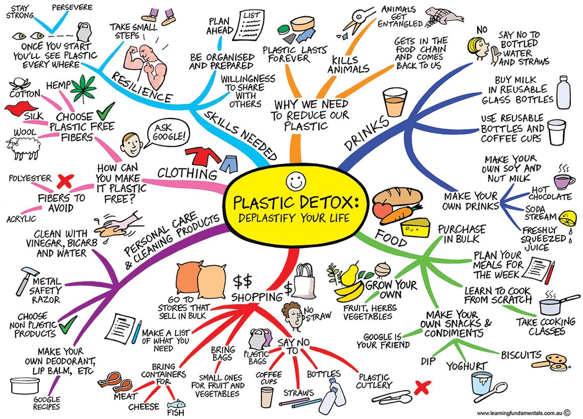 A mind map with ideas for reducing an individual’s use of plastic.
