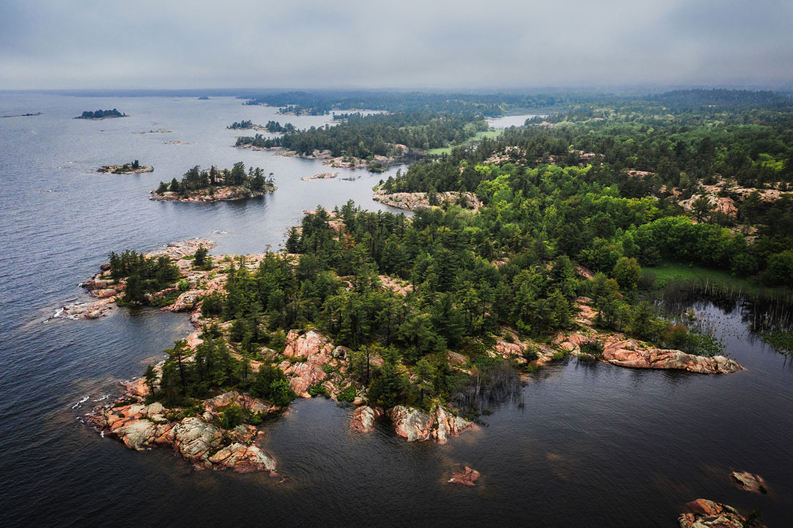Aerial perspective of Georgian Bay shoreline.