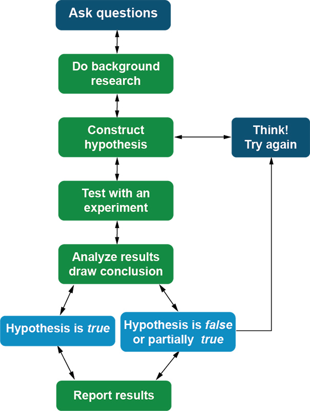 Flowchart of the scientific method showing the following steps: ask question, do background research, construct hypothesis, test with an experiment, analyze results and draw conclusion. Whether hypothesis is true, false, or partially true, the final step is to report results.