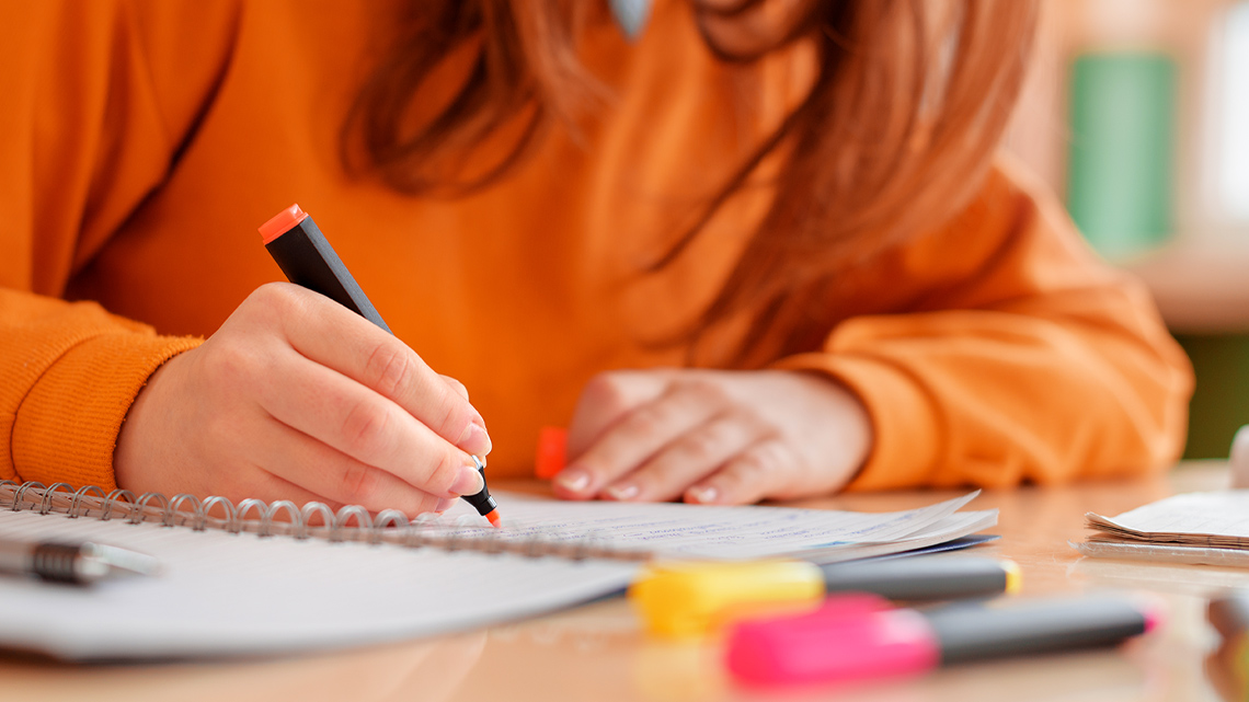 person highlighting notes in a notebook