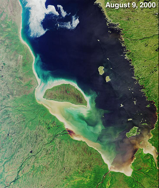 A satellite image of James Bay showing water system in relation to surrounding land.