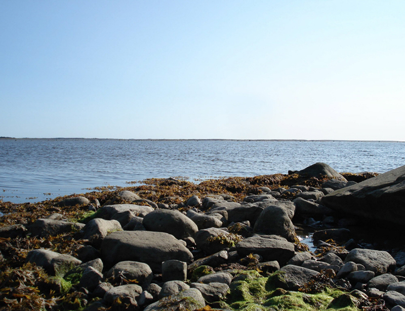 A view of James Bay (near Chisasibi) showing water and the rocky shore.