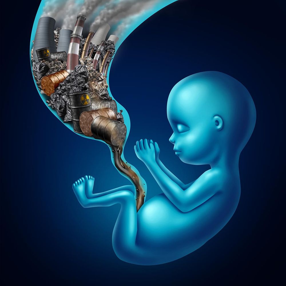 Cartoon of a fetus being fed pollution through its umbilical cord.